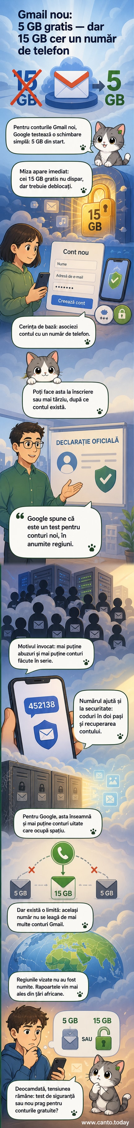 Ilustrație cu un cont Gmail nou care primește doar 5GB spațiu de stocare, cu un telefon mobil alături care deblochează accesul la 15GB.