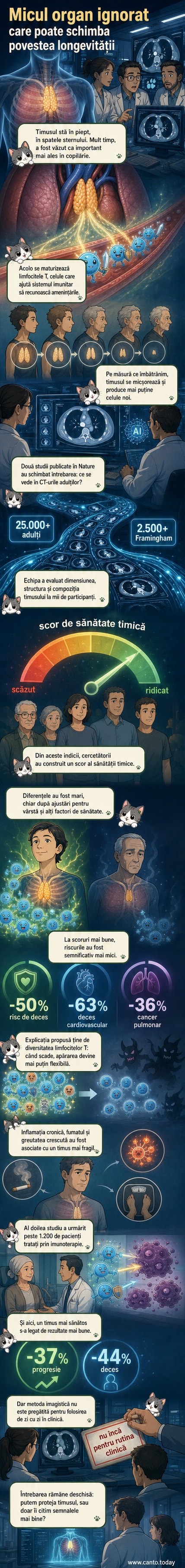 Ilustrație webtoon care arată timusul în piept, cu celule T în curs de maturare, alături de grafice care evidențiază legătura cu longevitatea și sănătatea.