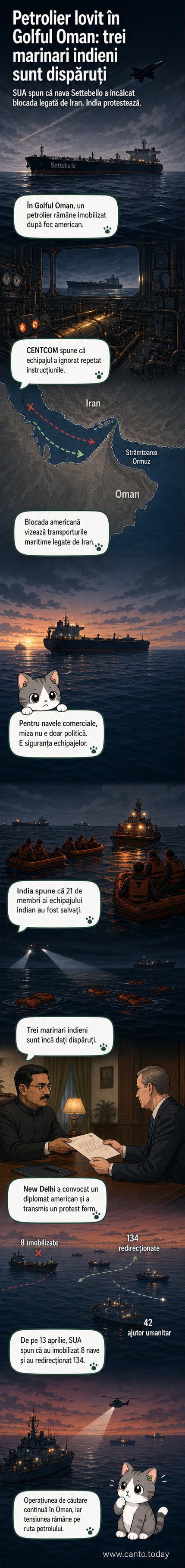 Ilustrație a unui petrolier avariat în Golful Oman, cu un avion de luptă american în fundal și bărci de salvare indiene în apropiere.