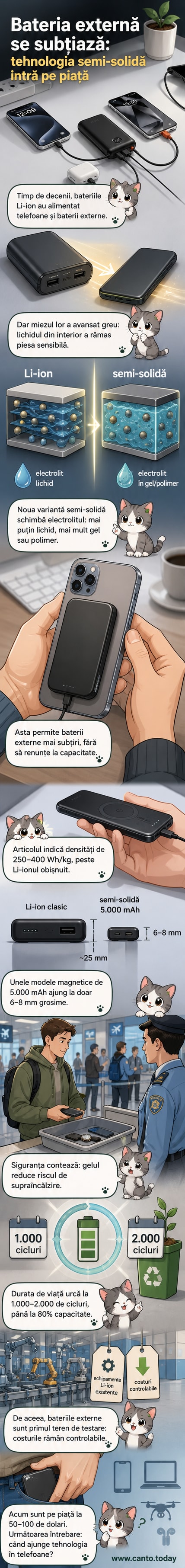 O baterie externă subȝire și modernă, cu o reprezentare internă a structurii semi-solide, alături de un telefon care se încarcă fără cablu