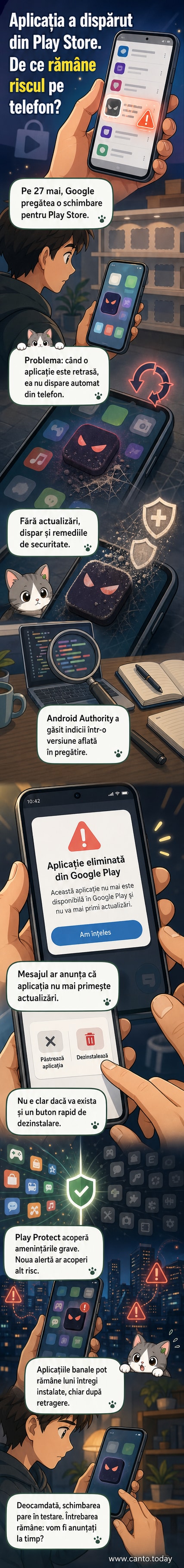 Ilustrație cu un telefon care primește o notificare roșie: 'Această aplicație nu mai este actualizată'