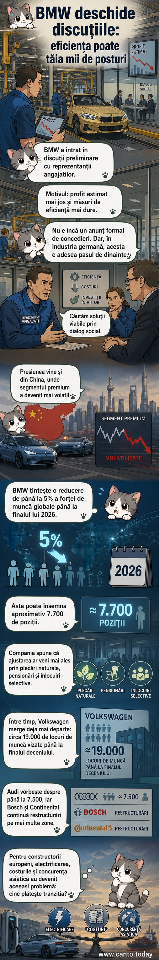 Ilustrație cu un sediu BMW și un grup de angajați în discuție, simbolizând dialogul social înainte de restructurare