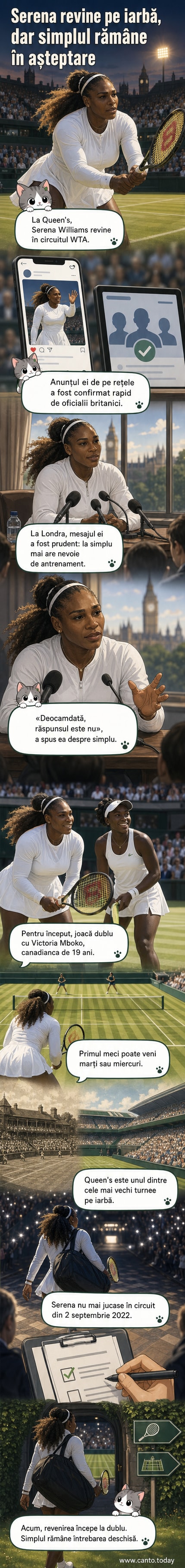 Serena Williams pe terenul de tenis de la Queen's Club, Londra, în echipament alb, pregătindu-se pentru un meci de dublu.