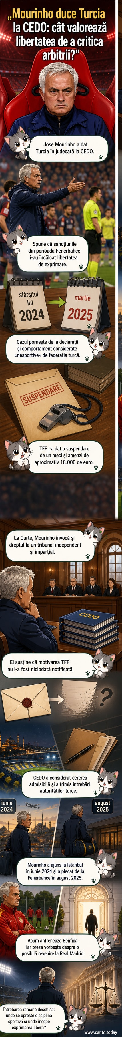 Portret stilizat al lui Jose Mourinho în fața unui tribunal simbolic, cu steagul Turciei în fundal și un balon de replică cu textul „Libertate de exprimare?”
