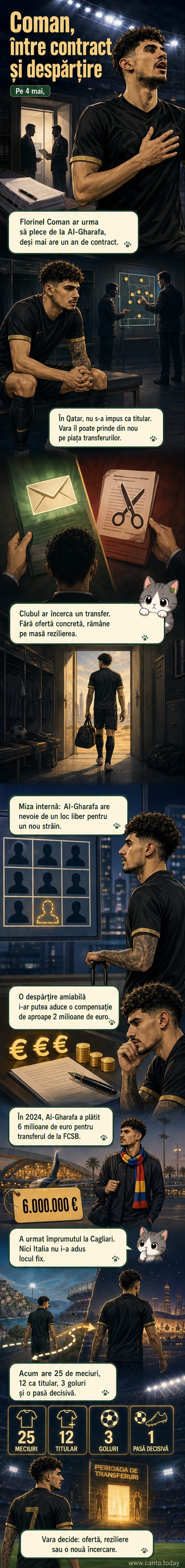 Florinel Coman în echipamentul Al-Gharafa, în timpul unui meci oficial, cu fundal de stadion din Qatar.