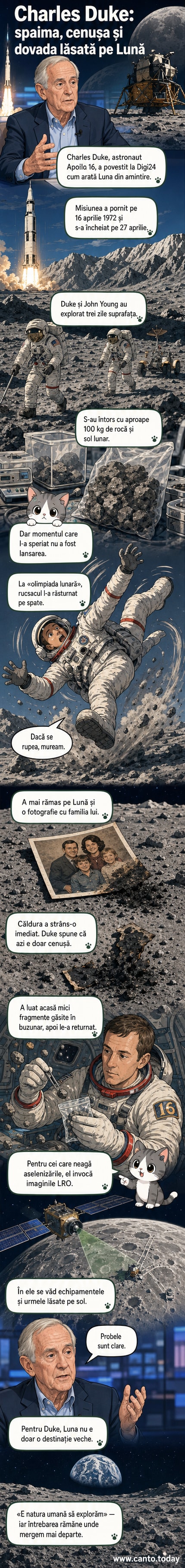 Ilustrație a astronautului Charles Duke stând pe suprafața Lunii, cu un costum alb, drapelul SUA în fundal și o fotografie a familiei sale lăsată pe solul lunar.