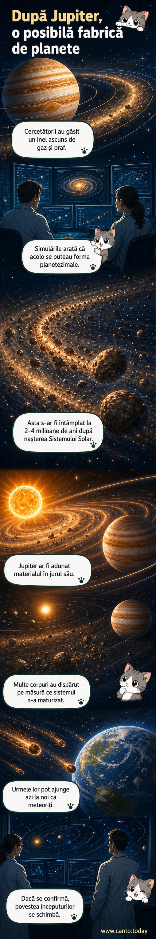 Ilustrație cosmică care arată un inel de praf și gaze în apropierea planetei Jupiter, sugerând o zonă de formare a planetelor timpurii.