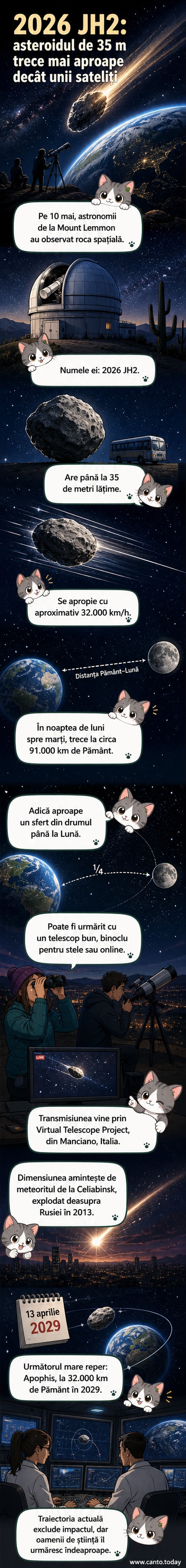 Ilustrare webtoon cu asteroidul 2026 JH2 trecând pe lângă Pământ, cu Lună în fundal și traiectorie marcată