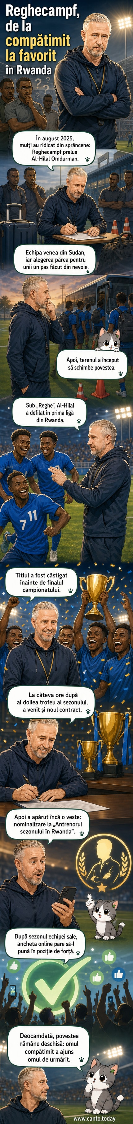 Laurențiu Reghecampf zâmbește în tribună, în spatele său un banner cu logo-ul Al-Hilal Omdurman și fanii sărbătorind titlul din Rwanda.