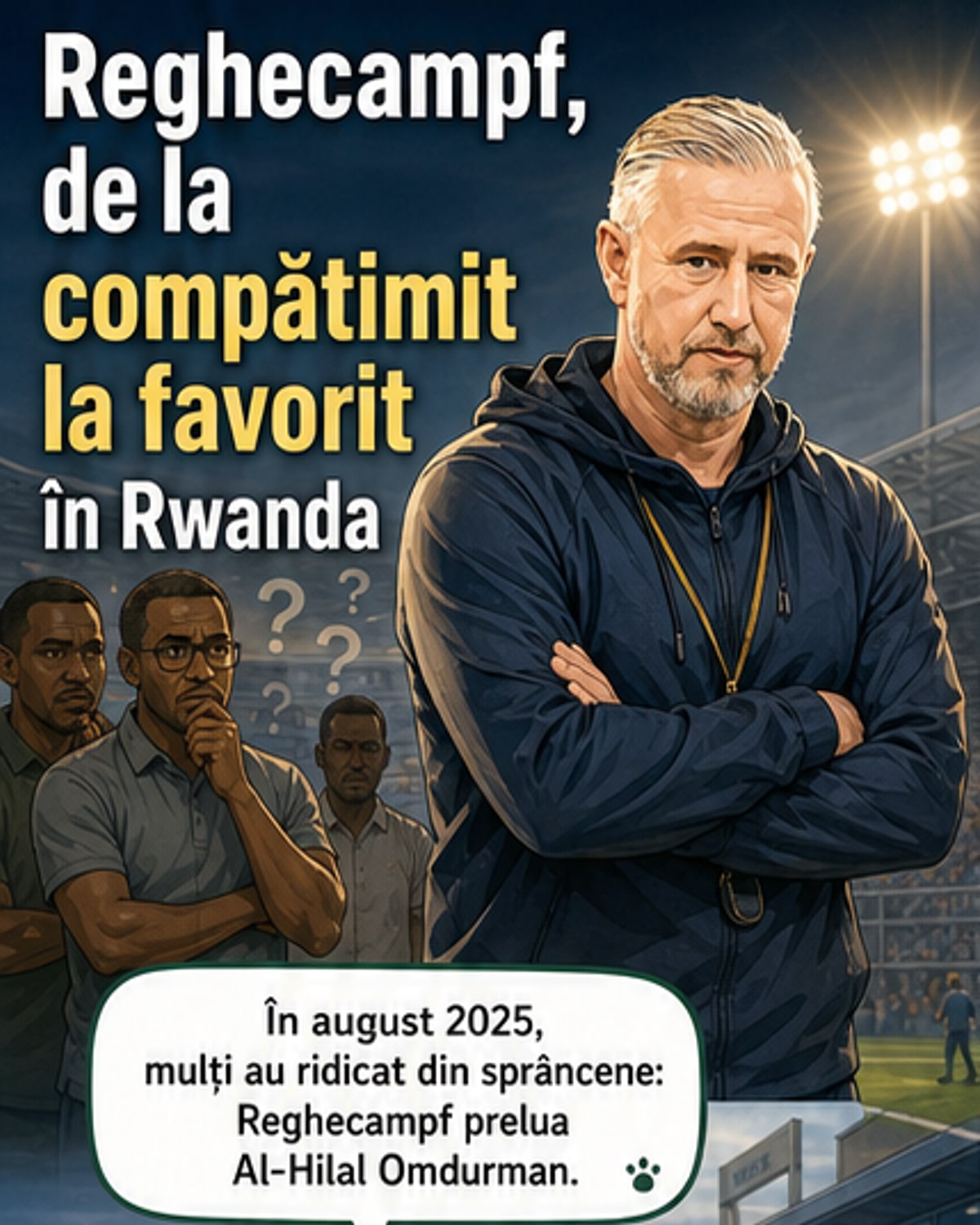 Laurențiu Reghecampf zâmbește în tribună, în spatele său un banner cu logo-ul Al-Hilal Omdurman și fanii sărbătorind titlul din Rwanda.