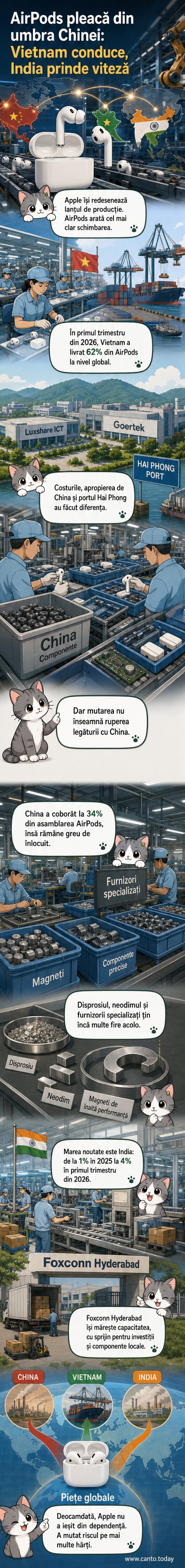 O hartă ilustrată a Asiei cu săgeți între China, Vietnam și India, arătând mutarea producției AirPods, și imagini stilizate ale căștilor și fabricilor.