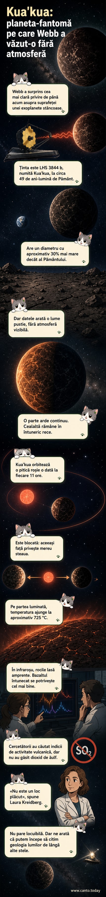 Imaginea obținută de telescopul James Webb arată o exoplanetă stâncoasă, întunecată, orbitând o stea roșie, cu o față expusă permanent la căldură și cealaltă în întuneric.