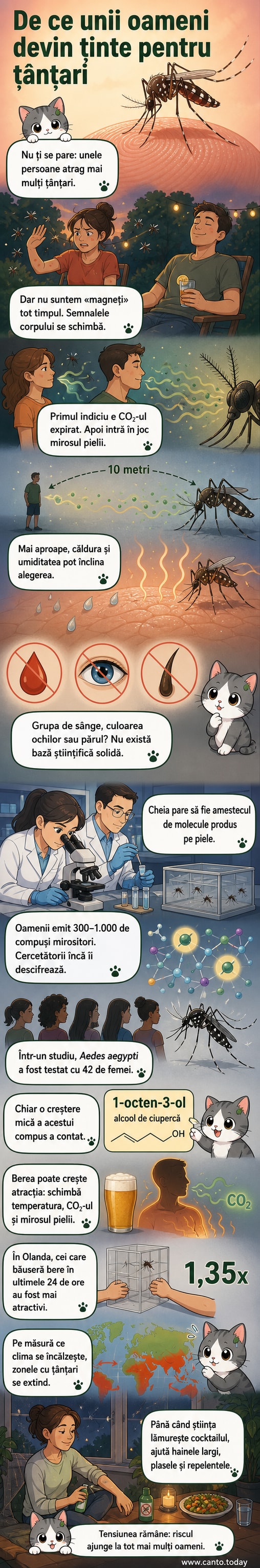 O ilustrație care arată cum țânțarii detectează semnale chimice și termice de la oameni, evidențiind compușii din transpirație și respirație care-i atrag.