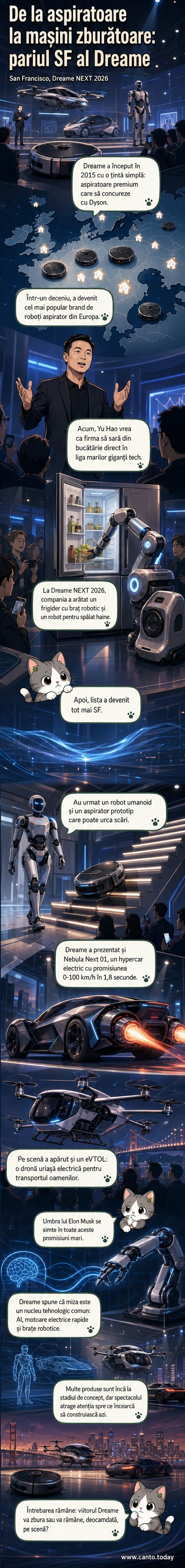 Ilustrație cu un robot umanoid, un eVTOL zburător și un hypercar electric al companiei Dreame, într-un decor futurist.