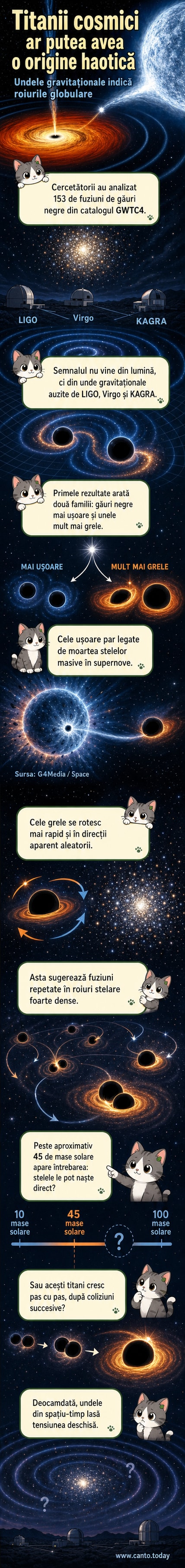 Ilustrare științifică a unei fuziuni de găuri negre într-un roi stelar dens, cu unde gravitaționale propagându-se prin spațiu-timp.