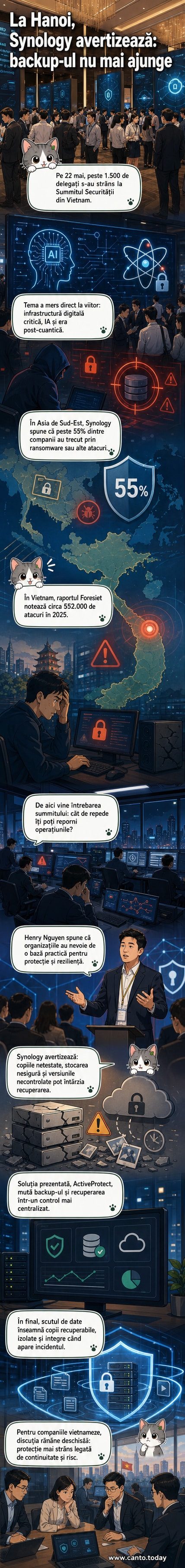 Panou ilustrat cu un scut digital în fața unui val de atacuri cibernetice, în timp ce o echipă de IT analizează sistemele de backup în spate.