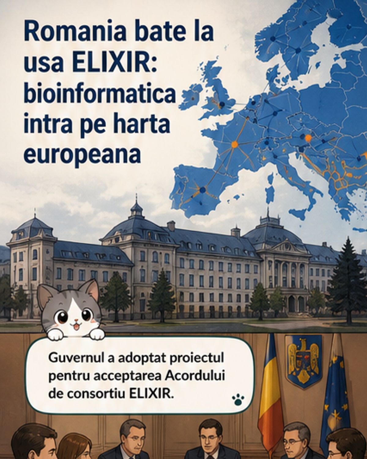 Ilustrație care reprezintă conectarea cercetătorilor români la o rețea europeană de bioinformatică, cu simboluri pentru date moleculare, calcul avansat și colaborare instituțională.