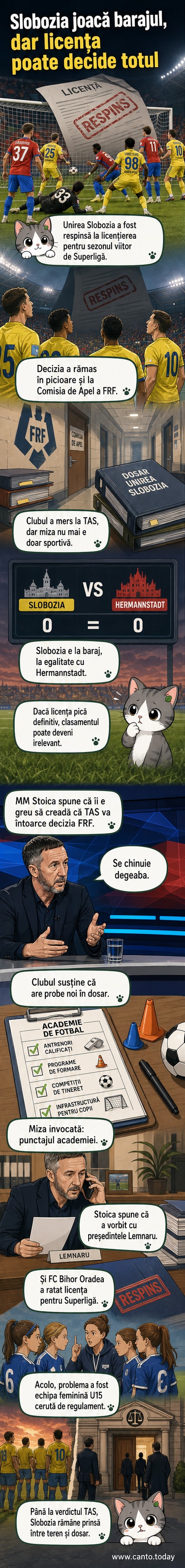 Un stadion de fotbal gol, cu banerul Unirea Slobozia la mijloc, sub un cer înnourat, simbolizând incertitudinea retrogradării administrative.