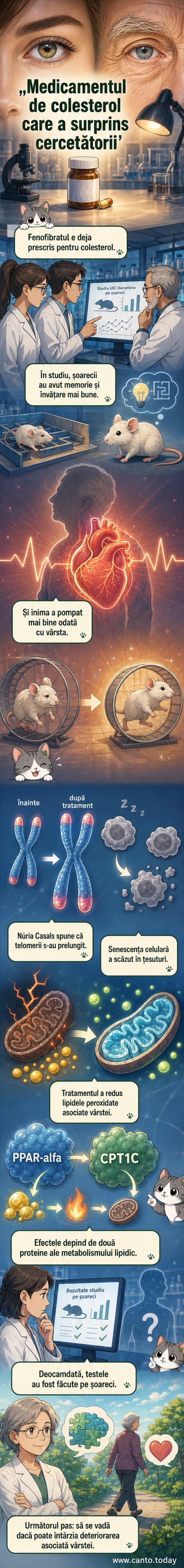 Ilustrație care arată un medicament pentru colesterol influențând celule senescente și telomeri într-un context de îmbătrânire celulară