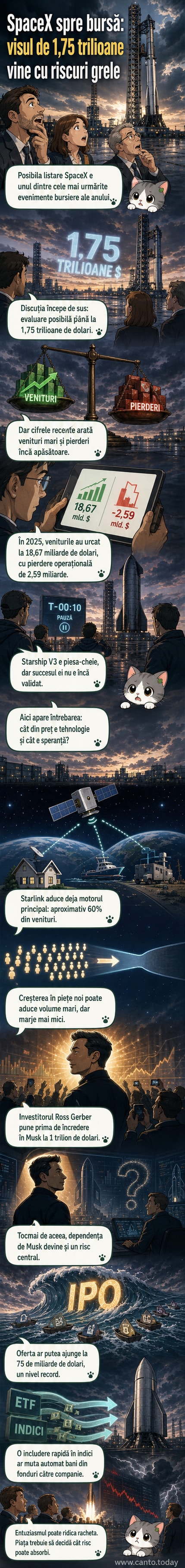 Ilustrație cu o rachetă Starship lansându-se spre orbită, cu simboluri de date și grafice bursiere în fundal