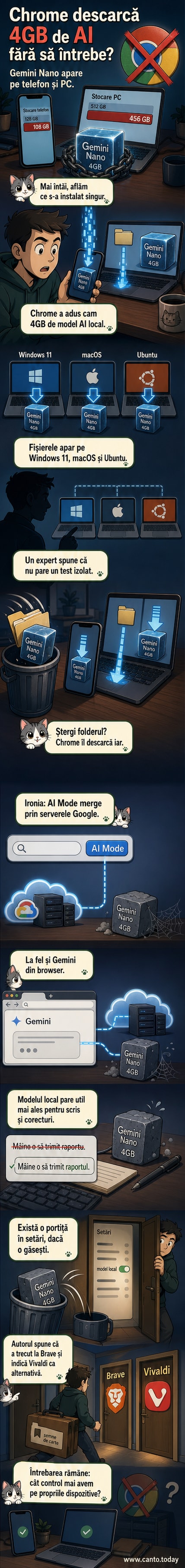 Ilustrație webtoon: un telefon și un laptop cu semnul de avertizare de pe ecran, în timp ce Chrome descarcă în fundal un fișier mare etichetat 'Gemini Nano AI' fără permisiune