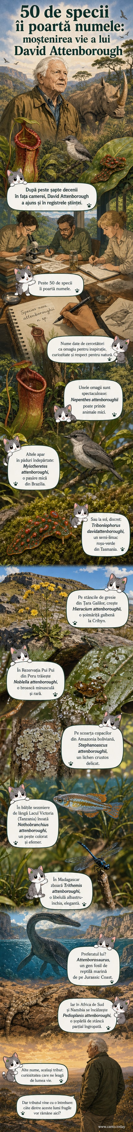 Ilustrație cu David Attenborough în mijlocul unor specii care îi poartă numele: o plantă carnivoră, un melc roșu, o broască și un plesiosaur fosil.