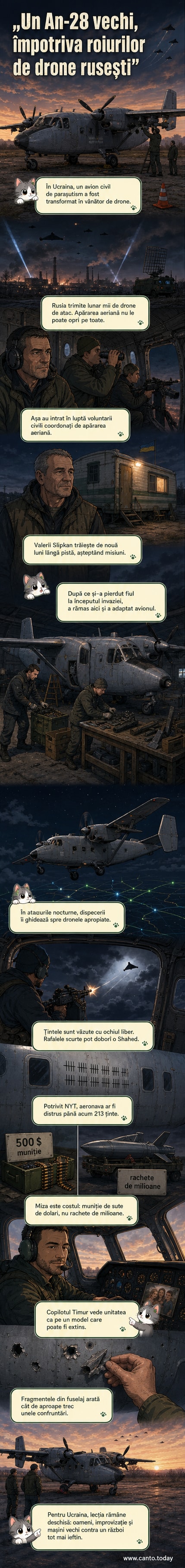 Un avion AN-28 vechi, transformat în platformă anti-drone, cu marcaje pe fuselaj pentru fiecare dronă doborâtă și o mitralieră montată lateral.
