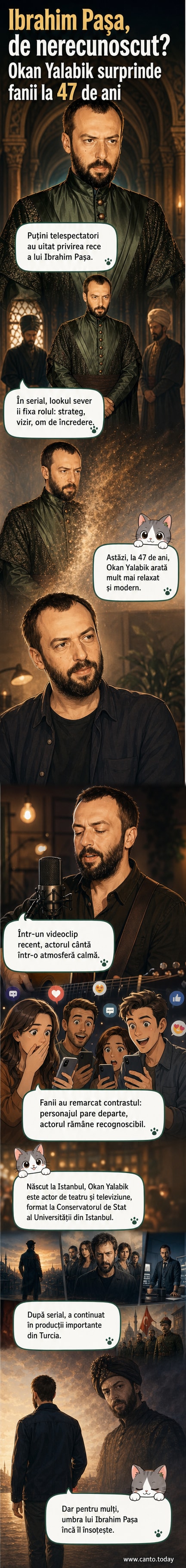 Okan Yalabik în două ipostaze: în costumul solemn de Ibrahim Pașa din serialul „Suleyman Magnificul” și într-o imagine recentă, relaxat, cu barbă mai lungă, într-un videoclip pe Instagram.