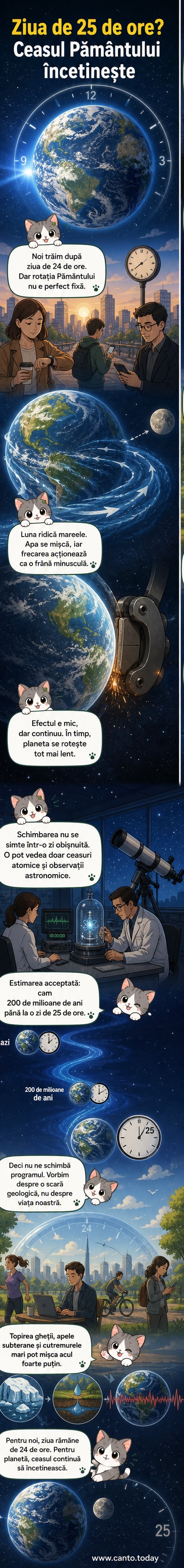 Ilustrare webtoon: Pământul rotindu-se mai lent în timp ce Luna exercită forță de frecare prin maree, cu cronometru arătând trecerea de la 24 la 25 de ore.