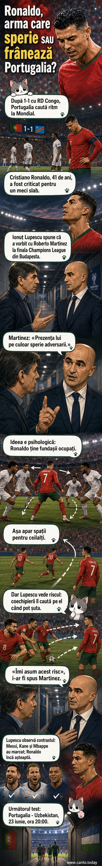 Portret al lui Cristiano Ronaldo în tricoul naționalei Portugaliei, cu fundal din stadioanele Campionatului Mondial 2026