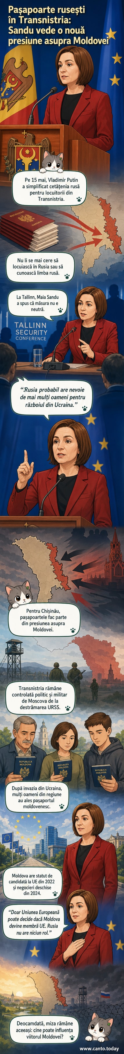 Maia Sandu vorbește la o conferință de securitate, cu fundalul drapelului Republicii Moldova, în timp ce pe ecran apare textul despre pașapoartele ruse în Transnistria.