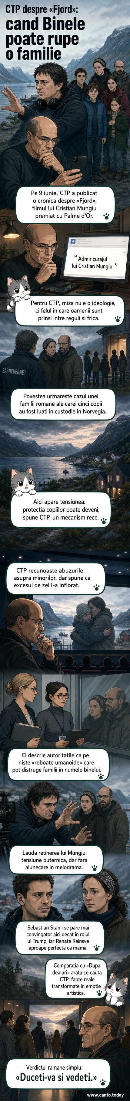 Imagine stilizată din filmul „Fjord”: un cuplu român stă în fața unei asistente sociale norvegiene într-un birou alb, rece, cu copiii separați în fundal.