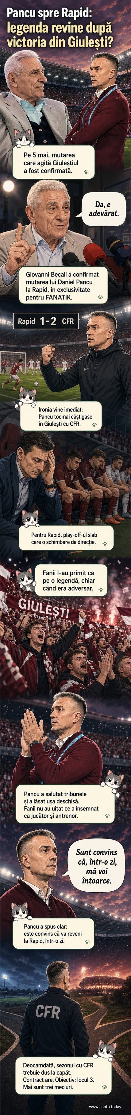 Daniel Pancu, în haine de antrenor, aplaudă suporterii rapidiști din tribunele stadionului Giulești, sub pancarte cu numele său.