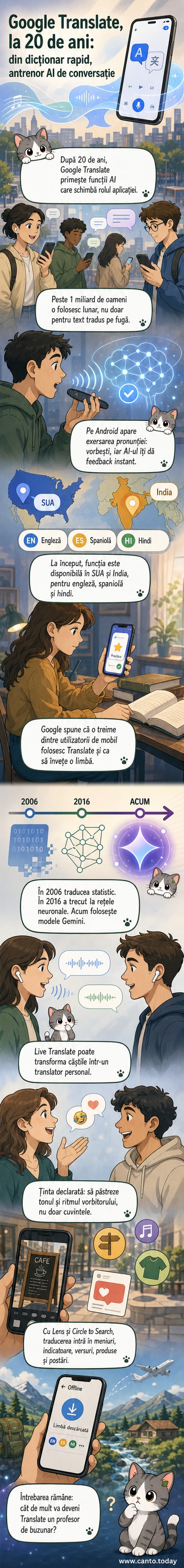 O ilustrație care arată un telefon cu aplicația Google Translate deschisă, afișând feedback pentru pronunție și traducere în timp real între două persoane care vorbesc limbi diferite.