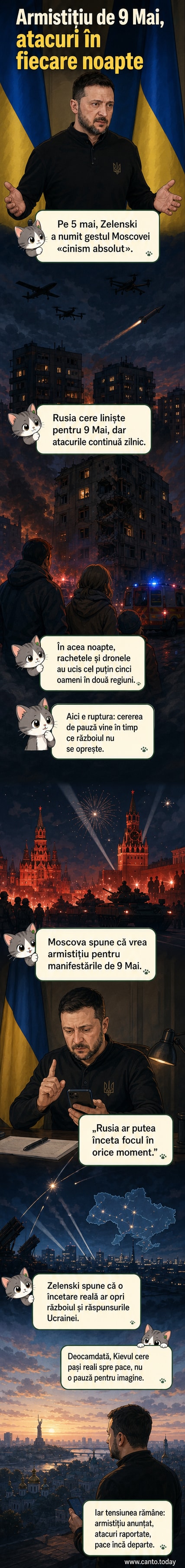 Ilustrație care arată un lider rus cu un megafon anunțând un armistițiu, în timp ce în fundal explodează rachete asupra unui oraș ucrainean. Zelenski privește spre spectator, cu o expresie de dezaprobare.