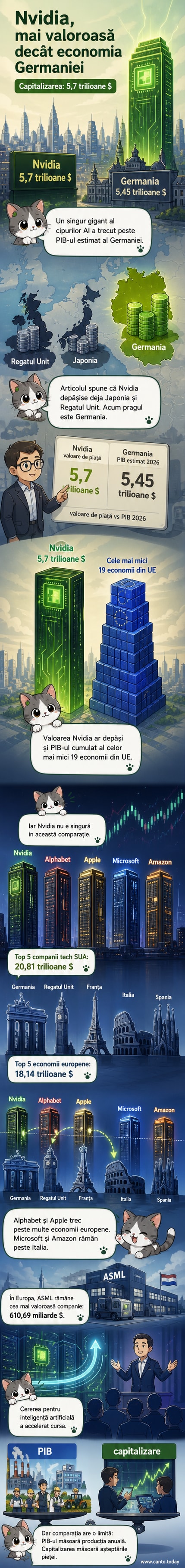 Ilustrație care compară capitalizarea bursieră a Nvidia cu PIB-ul Germaniei, reprezentate ca două coloane alăturate, una etichetată '5,7 trilioane USD' și cealaltă '5,45 trilioane USD'.