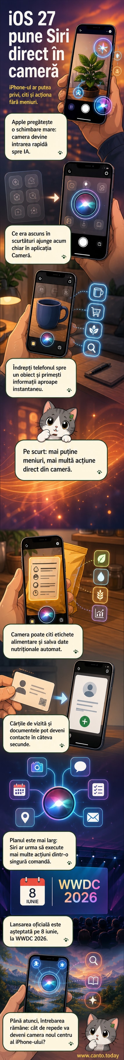 Ilustrație care arată un iPhone cu aplicația Cameră deschisă, iar Siri afișează informații despre un obiect din cadru, cum ar fi denumirea și detalii nutriționale.