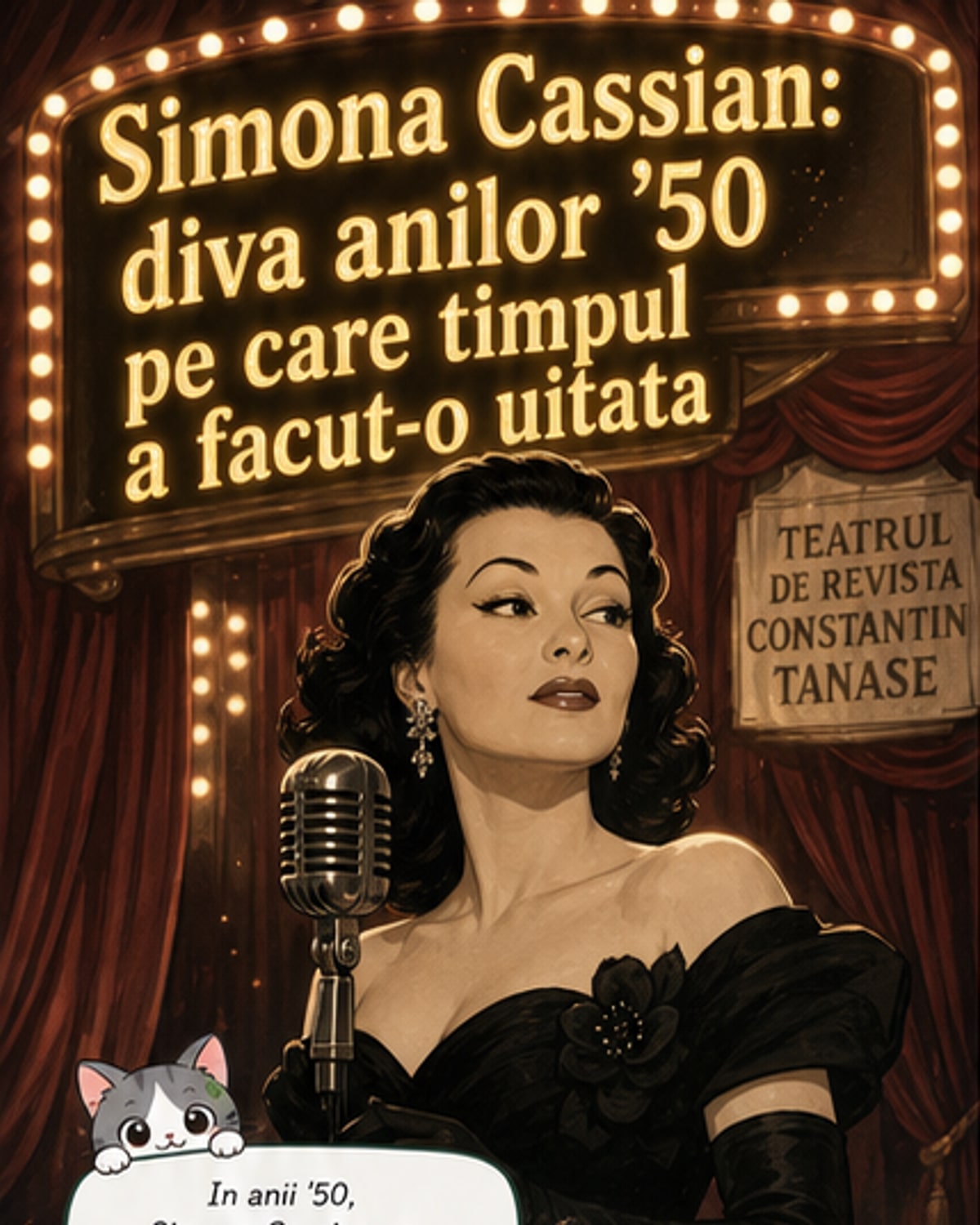 Portret alb-negru al cântăreței Simona Cassian într-o ținută elegantă de scenă, din anii 1950.