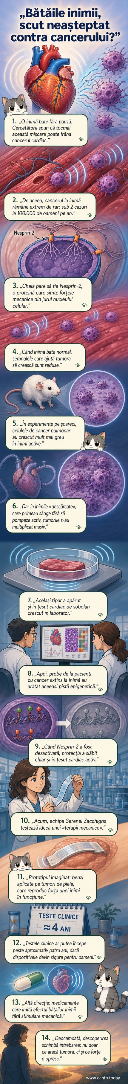 O inimă bătând, cu o reprezentare vizuală a forței mecanice care activează o proteină din celulele canceroase, oprindu-le multiplicarea.