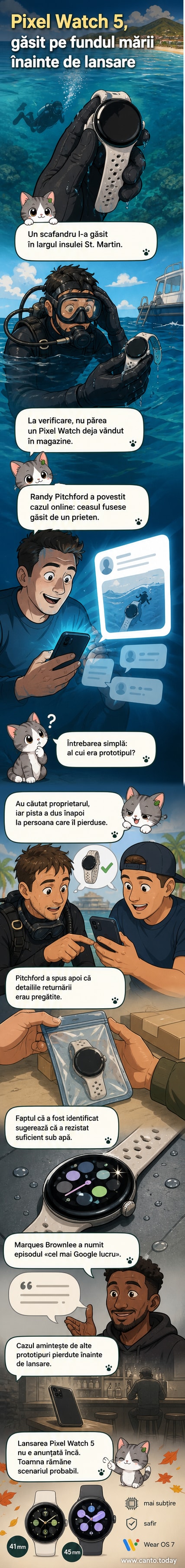 Ilustrație cu un scafandru care găsește un ceas inteligent Google pe fundul mării, cu insula St. Martin în fundal.