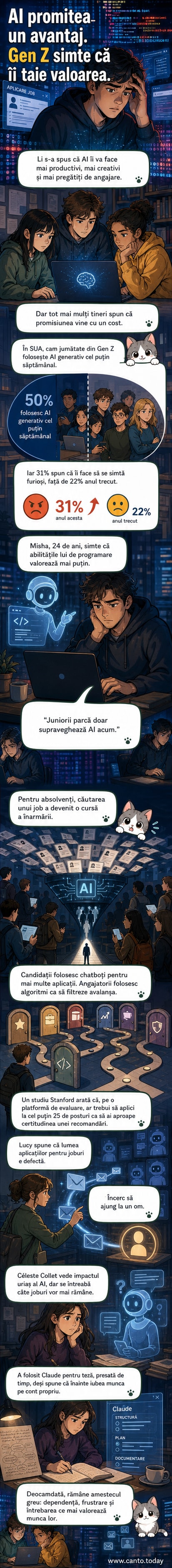 Ilustrație cu un tânăr stând în fața unui ecran mare care emite raze albastre, cu gânduri în baloane: un CV digital, un robot care scrie cod, și o întrebare „Mai am valoare?”
