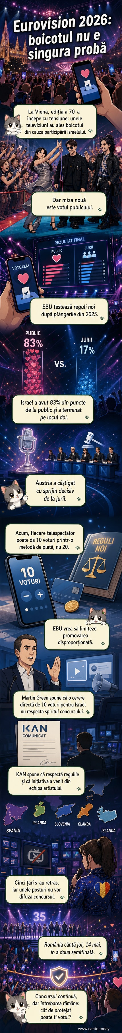 Ilustrație stilizată a scenei Eurovision cu lumini, microfon și harta Europei, cu un simbol de avertizare lângă o stea de vot, sugerând tensiuni în jurul procesului electoral.