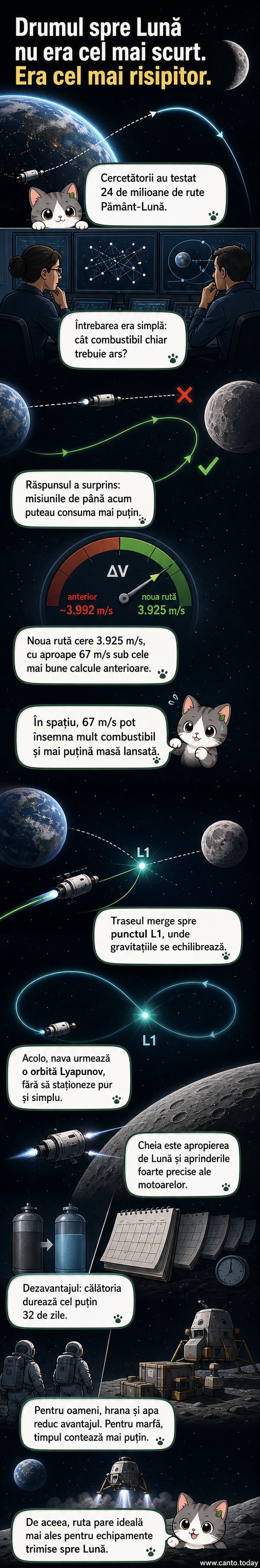 Ilustrație a unei nave spațiale urmând o traiectorie curbată de la Pământ spre punctul Lagrange L1 și apoi spre Lună, evidențiind ruta optimizată.