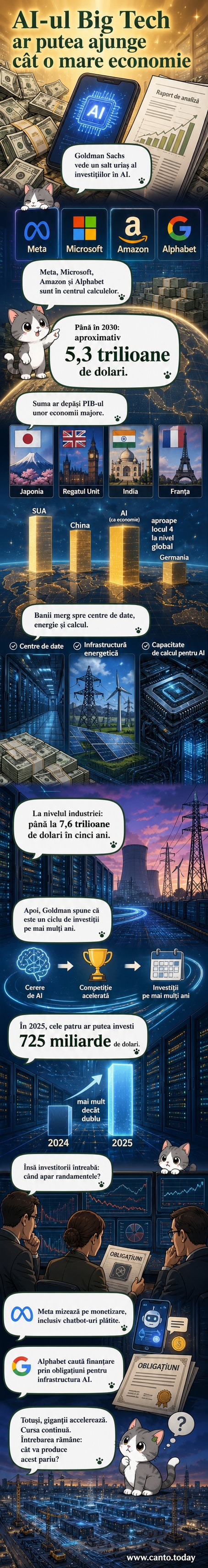 Ilustrație cu patru giganți tehnologici (Meta, Microsoft, Amazon, Alphabet) care construiesc împreună un centru de date futurist, cu simboluri de calcul și inteligență artificială înconjurându-l, în fața unui glob unde Japonia este evidențiată ca referință economică.