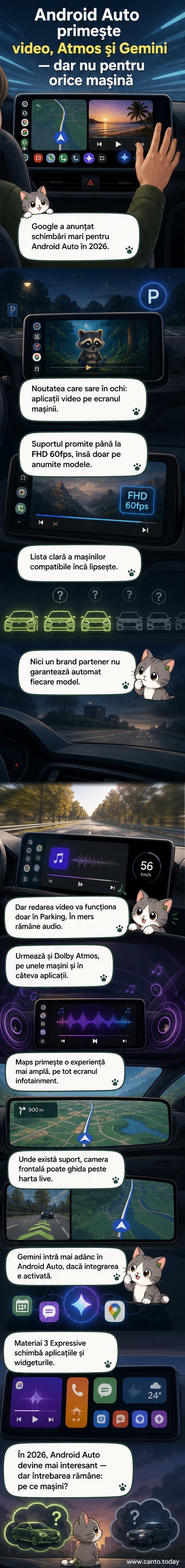 Ilustrație cu un sistem Android Auto care redă un videoclip YouTube pe ecranul mașinii, cu indicatorul de viteză la zero, sugerând modul Parking.