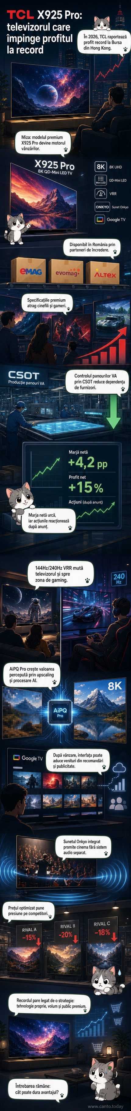 Ilustrație cu televizorul TCL X925 Pro 8K într-un living modern, cu specificații tehnice evidențiate: QD-Mini LED, 240Hz VRR, Dolby Atmos, Onkyo Sound.