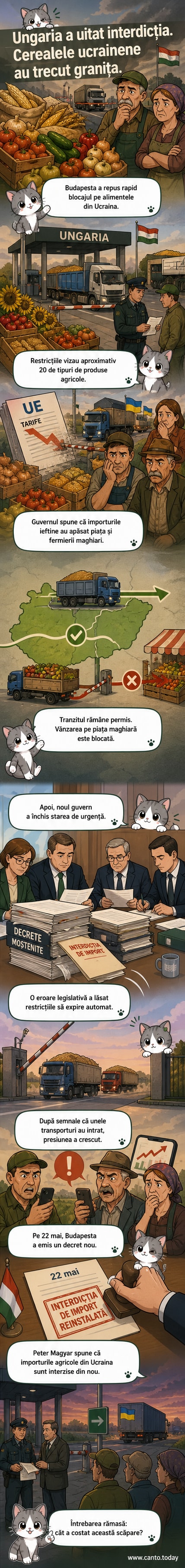 Ilustrație cu granița dintre Ungaria și Ucraina, cu camioane de alimente oprite, simbolizând interdicția reinstaurată asupra importurilor agricole.