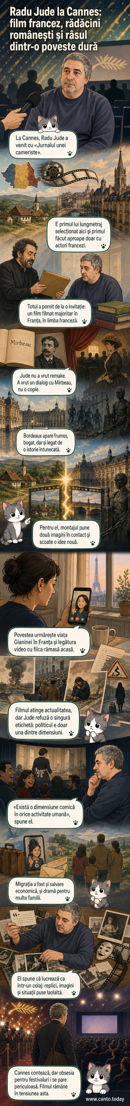Un regizor român în fața unui ecran mare, într-o sală de cinema, cu imagini dintr-un sat românesc și din Bordeaux proiectate în fundal.