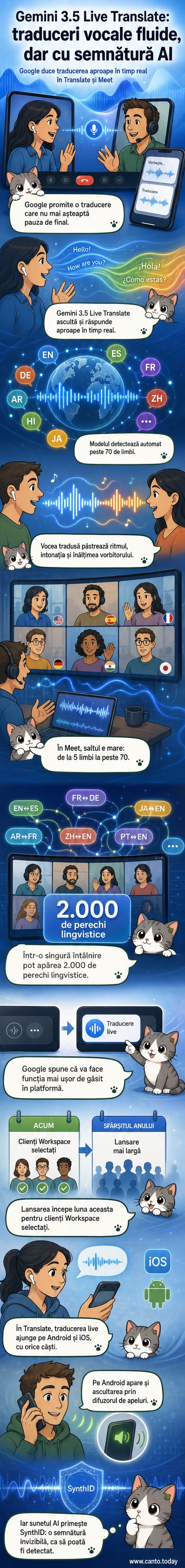 Ilustrație care arată două persoane vorbind în limbi diferite, cu fluxuri de sunet traduse în timp real între ele, pe fundal un ecran cu interfața Google Meet și Google Translate.