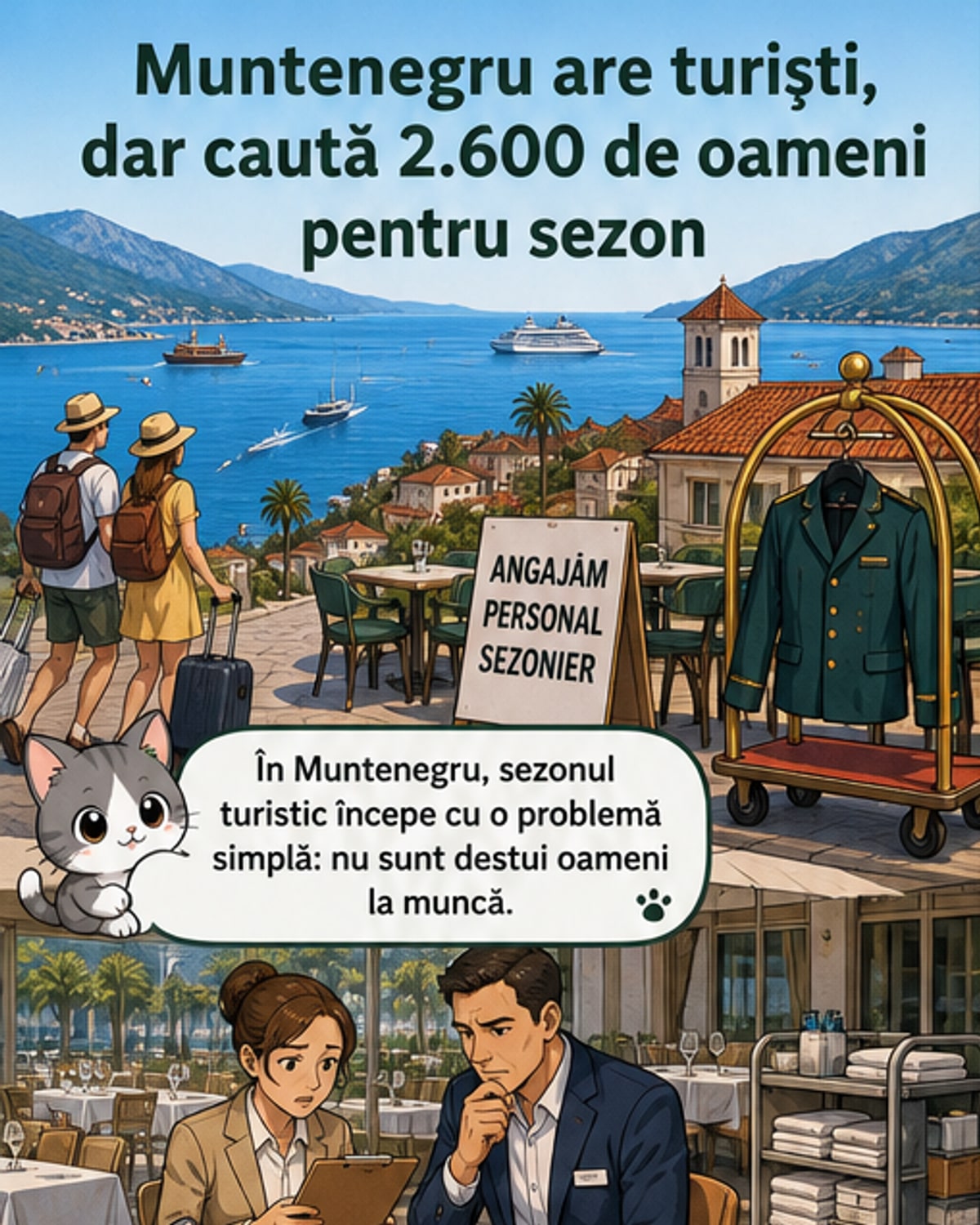 O panoramă cu plaje albe și ape turcoaz din Golful Kotor, înconjurată de munți, cu un panou care anunță 'Căutăm personal în turism'.